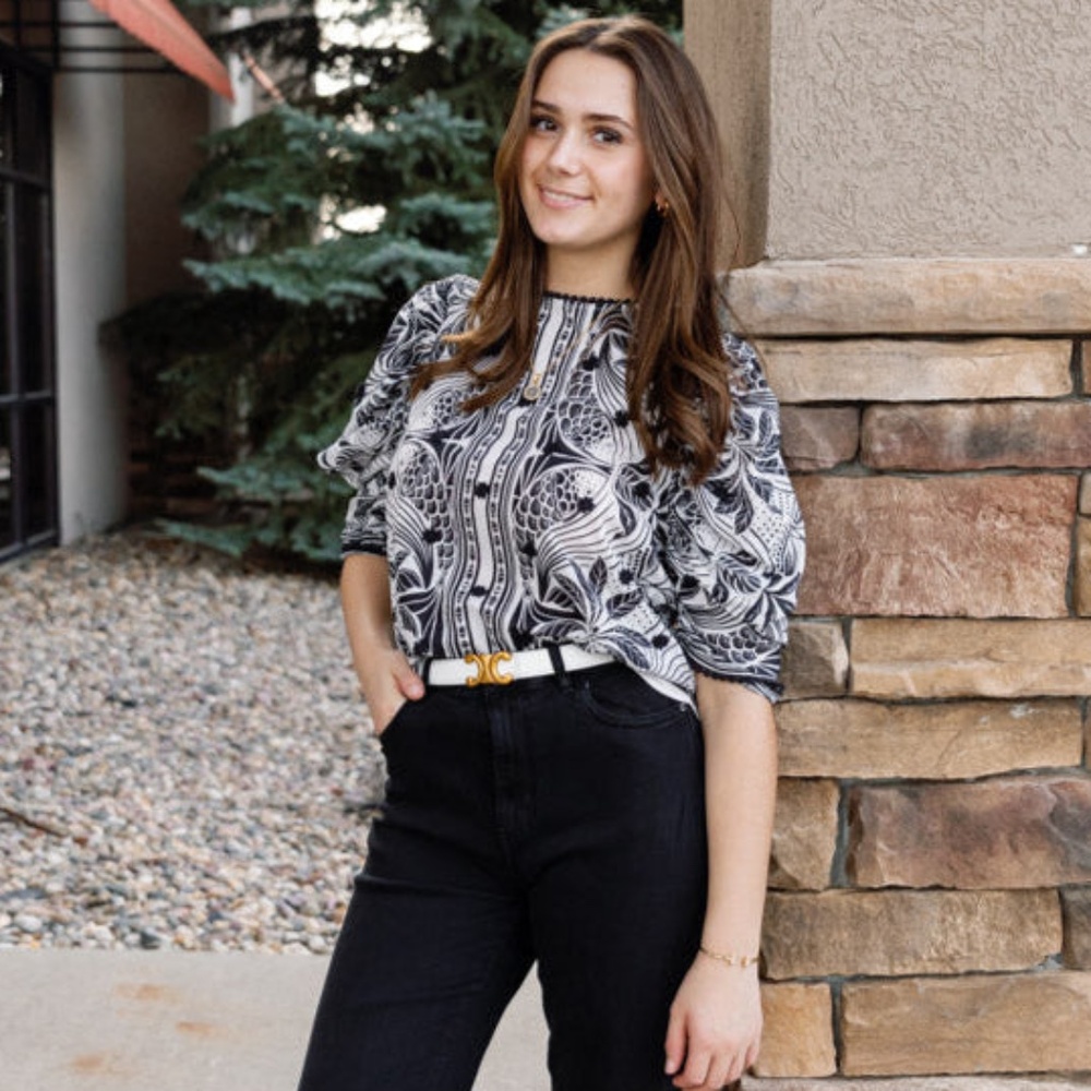 FARM Rio monochrome elegance scarf print blouse S - Picture 2 of 16